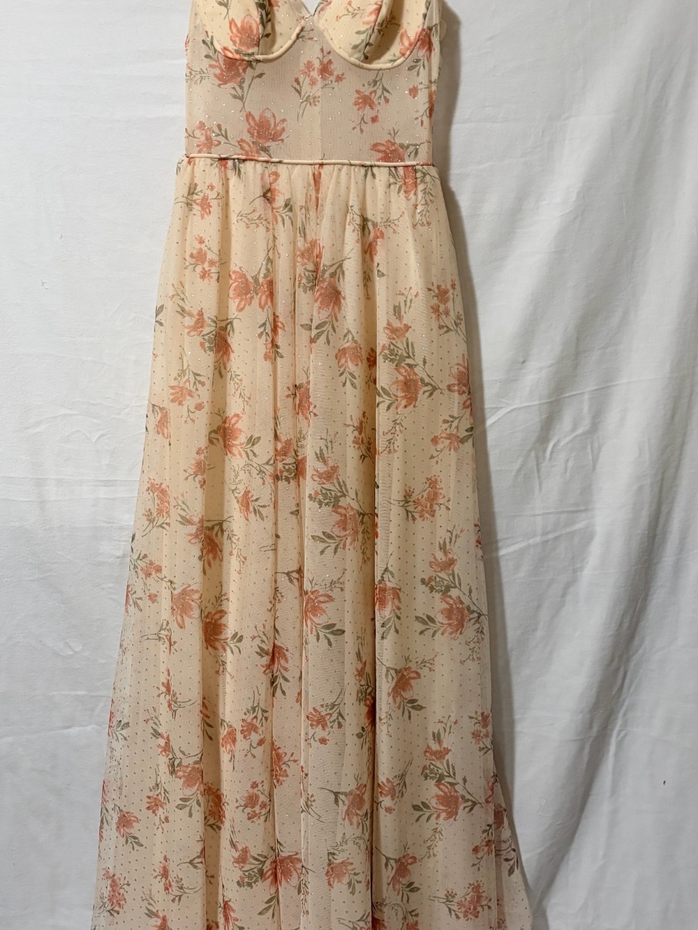 Floral Mesh Prom Dress Layered Skirt Rhinestones in Cream and Peach